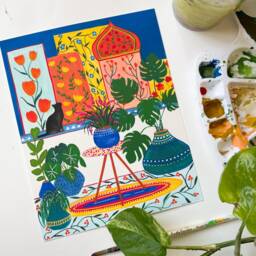 Morocco Art Print, Black Cat Wall Decor, Travel Cat Christmas Gift For Lady, Floral Art, Gift - thumbnail 2
