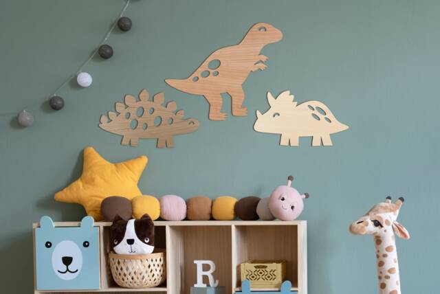 Kids Dinosaur Animal Nursery Wall Art - Set Of 3 Dino Decals Playroom Bedroom Wooden T-Rex Stegosaurus Triceratops - image 1