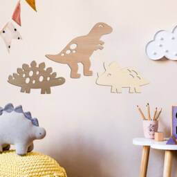 Kids Dinosaur Animal Nursery Wall Art - Set Of 3 Dino Decals Playroom Bedroom Wooden T-Rex Stegosaurus Triceratops - thumbnail 2