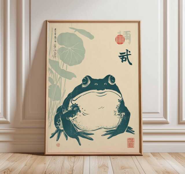 Japanese Frog Art Print, Zen Animal Wall Decor, Vintage Ukiyo-E Style Poster, Toad Illustration, Botanical Asian Unframed Artwork