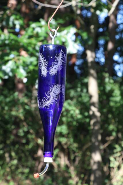 New Etched Peacock Feather Recycled Wine Bottle Hummingbird Or Bird Feeder - image 1