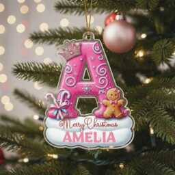Personalised Christmas Ornament - Custom Name & Initial Acrylic Decoration With Pink Gifts & Cute Character, Baby Girl Keepsake 2025 - thumbnail 3