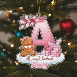 Personalised Christmas Ornament - Custom Name & Initial Acrylic Decoration With Pink Gifts & Cute Character, Baby Girl Keepsake 2025