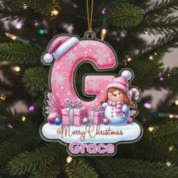 Personalised Christmas Ornament - Custom Name & Initial Acrylic Decoration With Pink Gifts & Cute Character, Baby Girl Keepsake 2025 - thumbnail 2