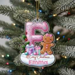 Personalised Christmas Ornament - Custom Name & Initial Acrylic Decoration With Pink Gifts & Cute Character, Baby Girl Keepsake 2025 - thumbnail 4
