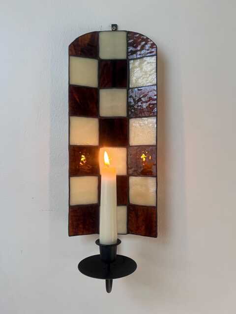 Brown & Cream Checkered Stained Glass Candle Wall Sconce - image 1