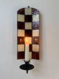 Brown & Cream Checkered Stained Glass Candle Wall Sconce