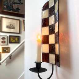 Brown & Cream Checkered Stained Glass Candle Wall Sconce - thumbnail 2