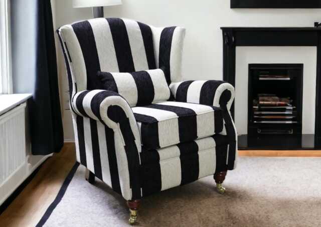 Handcrafted Wingback Fireside Chair Black Stripe Cream Fabric - image 1