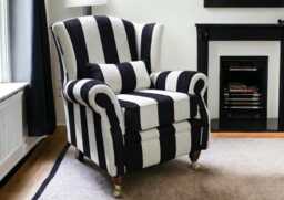 Handcrafted Wingback Fireside Chair Black Stripe Cream Fabric