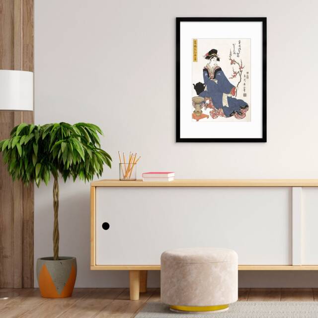 Japanese Art Geisha Blossoms Framed Mounted Ukiyo-E Wall Decor Print Poster Woodblock Maiko Bijin Kimono Flower Tattoo Calligraphy Beautiful - image 1