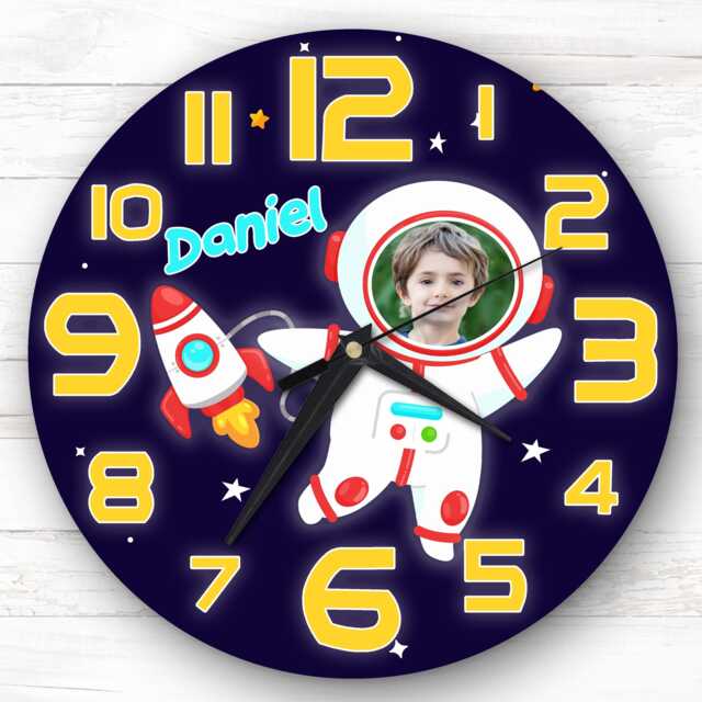 Space Rocket Astronaut Photo Personalised Gift For Kid's Bedroom Clock - Kids Clock, Children's , Custom Wall - image 1