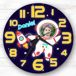 Space Rocket Astronaut Photo Personalised Gift For Kid's Bedroom Clock - Kids Clock, Children's , Custom Wall - thumbnail 1