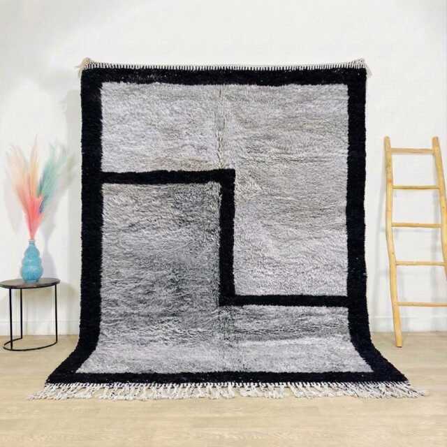 Moroccan Grey & Black Berber Rug, Handwoven Wool Shag Asymmetrical Block Pattern, Authentic Beni Ourain Style Carpet, Large Area Rug - image 1
