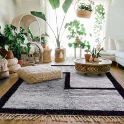 Moroccan Grey & Black Berber Rug, Handwoven Wool Shag Asymmetrical Block Pattern, Authentic Beni Ourain Style Carpet, Large Area Rug - thumbnail 3