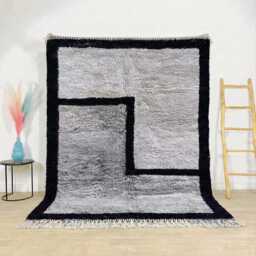 Moroccan Grey & Black Berber Rug, Handwoven Wool Shag Asymmetrical Block Pattern, Authentic Beni Ourain Style Carpet, Large Area Rug - thumbnail 1