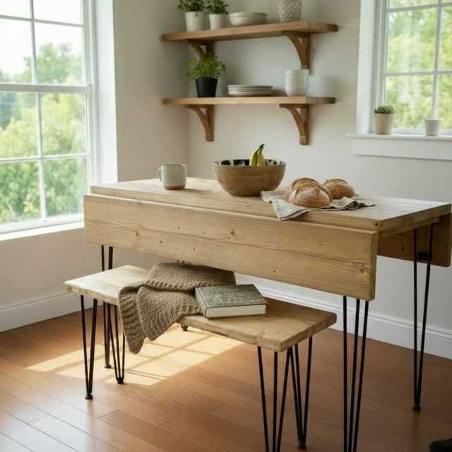 Reclaimed Wood Drop-Leaf Dining Table - Folding Extendable Kitchen With Hairpin Legs, Handmade in The UK - image 1