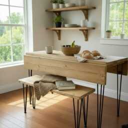 Reclaimed Wood Drop-Leaf Dining Table - Folding Extendable Kitchen With Hairpin Legs, Handmade in The UK - thumbnail 1