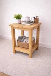 Natural Wood Lamp Table - Rustic Bedside With Shelf Farmhouse End
