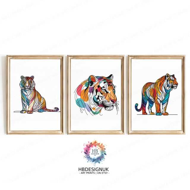 Colourful Tiger Line Art Prints - Animal Poster Set - Wall Decor Living Room Artwork Modern Print Style Abstract Drawing - image 1