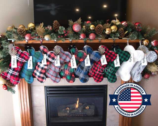 Monogrammed Dog Christmas Stocking Plaid Flannel Bone Design With Personalized Name Tag - image 1