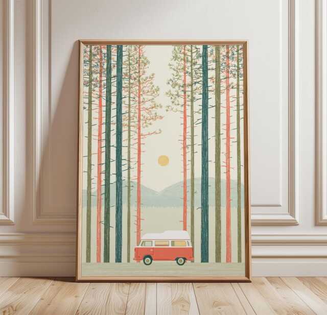 Retro Camper Van Poster, Pine Forest Wall Art, Minimal Travel Print - image 1