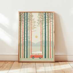 Retro Camper Van Poster, Pine Forest Wall Art, Minimal Travel Print - thumbnail 4
