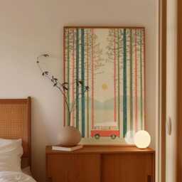 Retro Camper Van Poster, Pine Forest Wall Art, Minimal Travel Print - thumbnail 2