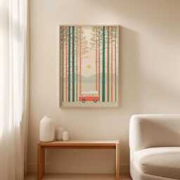 Retro Camper Van Poster, Pine Forest Wall Art, Minimal Travel Print - thumbnail 3