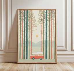 Retro Camper Van Poster, Pine Forest Wall Art, Minimal Travel Print