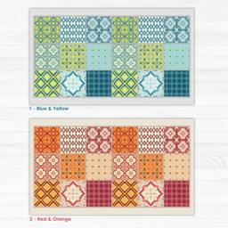 Vinyl Kitchen Rug With Orange & Dark Red Tiles. Kitchen Floor Mat, Eclectic Tiles, Decor, Vinyl Bath Doormat - thumbnail 2