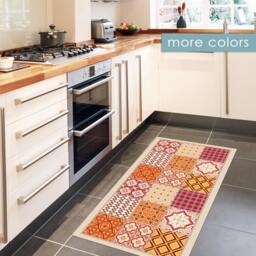 Vinyl Kitchen Rug With Orange & Dark Red Tiles. Kitchen Floor Mat, Eclectic Tiles, Decor, Vinyl Bath Doormat - thumbnail 1