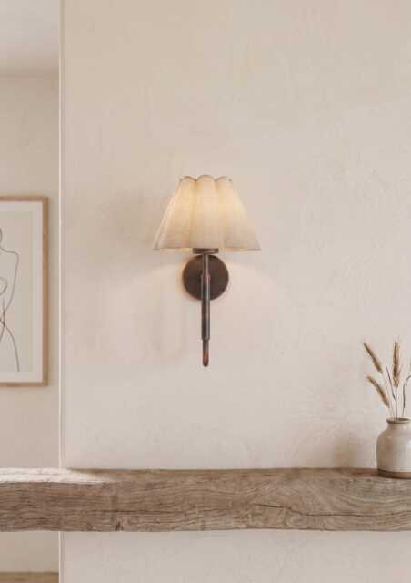 Handcrafted Antique Blackened Brass Wall Sconce With Pleated Fabric Shade - Elegant Mid-Century Modern Indoor Lighting For Home Decor - image 1