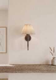 Handcrafted Antique Blackened Brass Wall Sconce With Pleated Fabric Shade - Elegant Mid-Century Modern Indoor Lighting For Home Decor - thumbnail 1