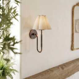 Handcrafted Antique Blackened Brass Wall Sconce With Pleated Fabric Shade - Elegant Mid-Century Modern Indoor Lighting For Home Decor - thumbnail 2