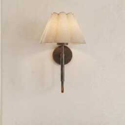 Handcrafted Antique Blackened Brass Wall Sconce With Pleated Fabric Shade - Elegant Mid-Century Modern Indoor Lighting For Home Decor - thumbnail 3