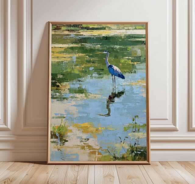 Blue Heron Poster, Impressionist Water Scene Wall Art, Nature Bird Painting Print, Tranquil Wetland Landscape Home Decor - image 1