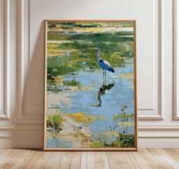 Blue Heron Poster, Impressionist Water Scene Wall Art, Nature Bird Painting Print, Tranquil Wetland Landscape Home Decor - thumbnail 1