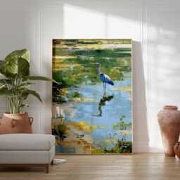 Blue Heron Poster, Impressionist Water Scene Wall Art, Nature Bird Painting Print, Tranquil Wetland Landscape Home Decor - thumbnail 3