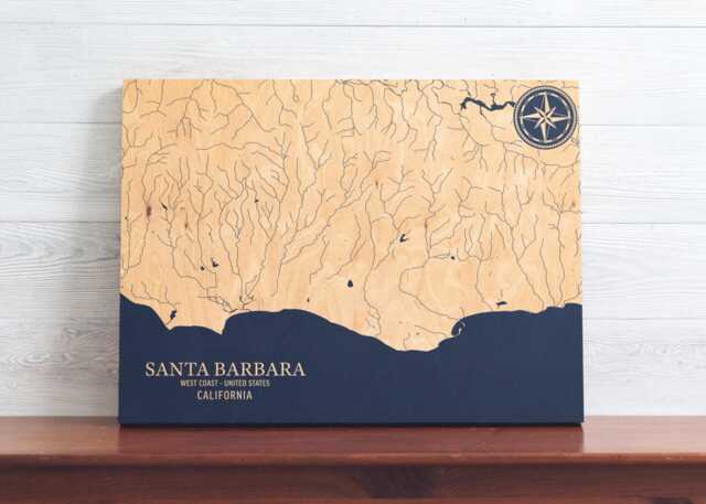 Santa Barbara, California Map - Engraved Wood Coastal Art Sign, Beach House Home Decor Wall Hanging, Nautical Print Unique Personalized Gift - image 1