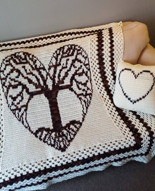 Crochet Tree Of Life Blanket With Heart Pillow Earth Tones - image 1