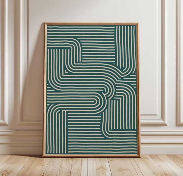 Teal Maze Poster - Minimal Geometric Wall Art Abstract Line Print - image 1