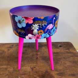 Leopard & Flamingo Bedside Table, Teal Pink Navy Blue Design Nightstand, Tropical With Hot Legs , Silver End Table - thumbnail 1