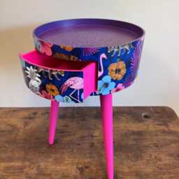 Leopard & Flamingo Bedside Table, Teal Pink Navy Blue Design Nightstand, Tropical With Hot Legs , Silver End Table - thumbnail 4