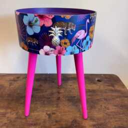 Leopard & Flamingo Bedside Table, Teal Pink Navy Blue Design Nightstand, Tropical With Hot Legs , Silver End Table - thumbnail 2