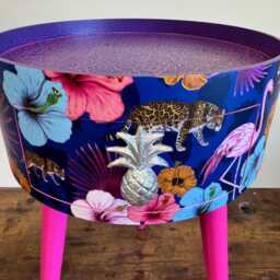 Leopard & Flamingo Bedside Table, Teal Pink Navy Blue Design Nightstand, Tropical With Hot Legs , Silver End Table - thumbnail 3
