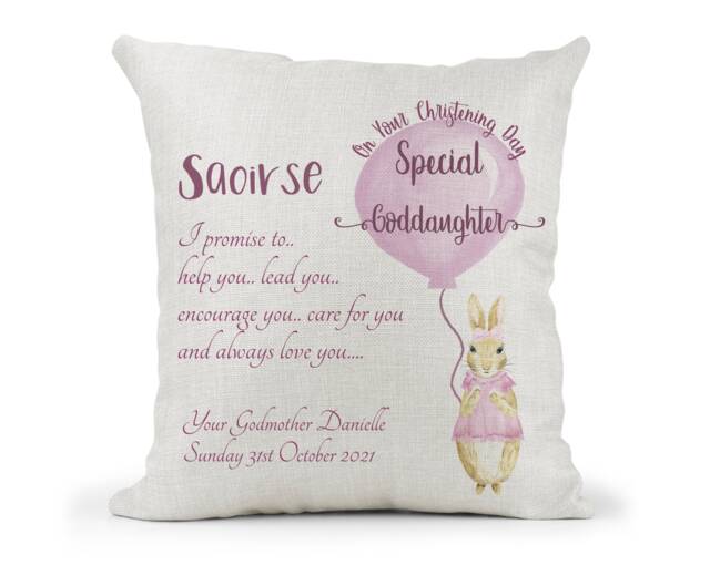 Personalised Goddaughter Peter Rabbit Flopsy Cream Cushion. Girls Christening Gift, Keepsake Gift, Bedroom Decor God-Daughter Gift - image 1