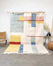 Handwoven Moroccan Berber Rug, Wool Shag Rug With Blue Yellow Geometric Shapes, Authentic Beni Ourain Style Carpet, Large 9x12 Area