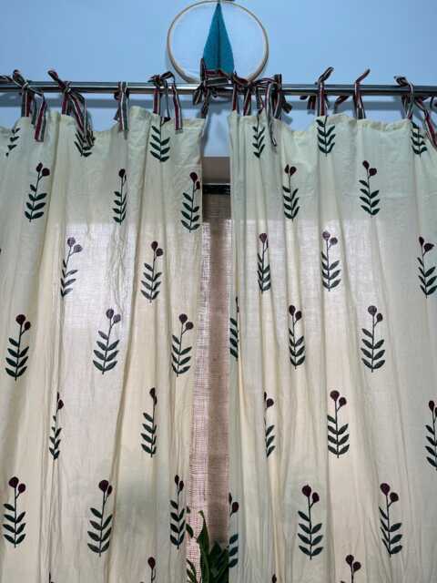 Beige Poppy Hand Block Printed Cotton Curtain Panels Bohemian Drapes - image 1