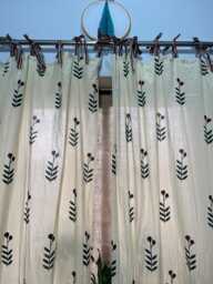 Beige Poppy Hand Block Printed Cotton Curtain Panels Bohemian Drapes - thumbnail 1